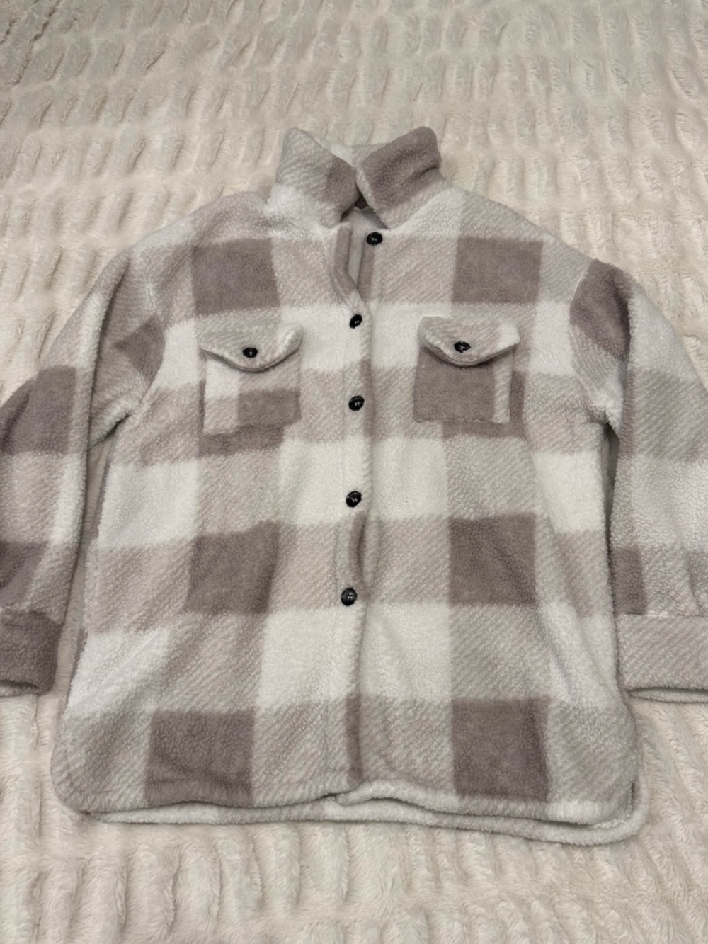 Gray and White Plaid Sherpa Shacket